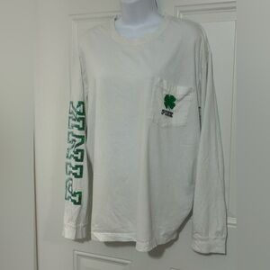 PINK Victoria's Secret White Long-Sleeve Tee with Green Clover and Sleeve Logo